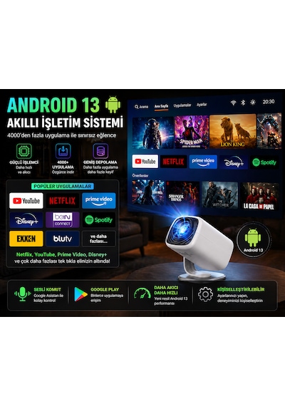 4k Destekli Android 13 Akıllı Projeksiyon Cihazı Wifi 6 Bluetooth 5.4 Full Hd Mini Projektör