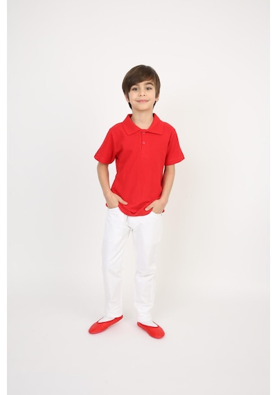 Erkek Çocuk Takım Lakos Beyaz Pantalon Ve Polo Yaka T-shirt Kırmızı