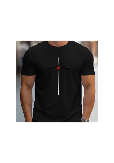 Caddemia Yaz Gevşek Fit Aşk Kalp Grafik Baskılı Slim Fit Rahat Spor Yuvarlak Boyun Siyah 2XL
