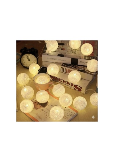 3 Metre 10 Top Cotton Ball Led Işık Zinciri - Dekoratif Pamuk Top Gece Lambası Sıcak Beyaz Sarı