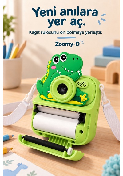 Kj/zm-002 Zoomy-d Dinozor Figürlü Anında Baskılı Çocuk Fotoğraf Makinesi, Çift Kamera, 2,4 İnç Ekran, 1080p Video, 3+ Yaş Yeşil