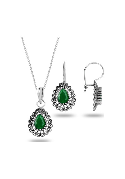Gümüş Kök Zümrüt Taşlı Oksitli Telkari İşlemeli Damla Kolye Ve Küpe İkili Set Barcode Beyaz