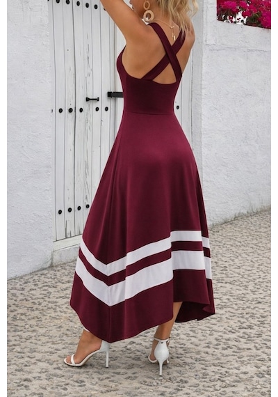 Alyn Wear Kadın Askılı Yuvarlak Yaka Asimetrik Şerit Detaylı Uzun Viskon Elbise Bordo