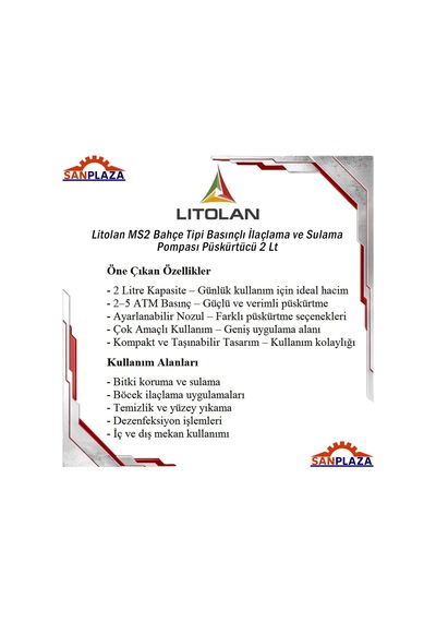 Litolan Ms2 Bahçe Tipi Basınçlı İlaçlama Ve Sulama Pompası Püskürtücü 2 Lt