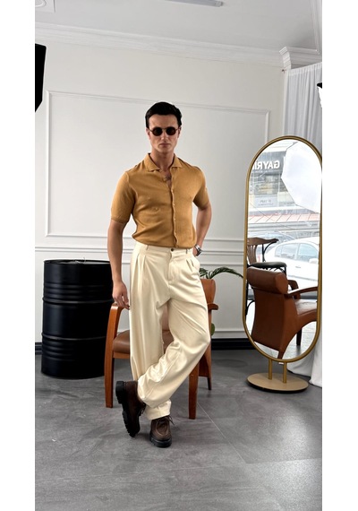 Modefendi Slim Fit Polo Yaka Triko Pamuk Kısa Kollu Gömlek Taba
