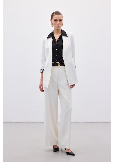 Sateen Mono Yaka Klasik Ceket - Ekru-siyah-136607 Ekru - Siyah