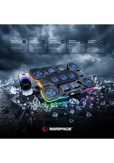 S50 Rgb Işıklı 11 Fanlı Lcd Göstergeli 1 Type C 1 Usb Girişli Notebook Soğutucu