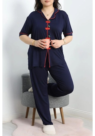 Seka Store Seka Kiraz Nakışlı Biyeli Viskon Pijama Takımı Lacivert - 40562.1857. Çok Renkli Seka Store Seka Kiraz Nakışlı Biyeli Viskon Pijama Takımı Lacivert - 40562.1857. Çok Renkli