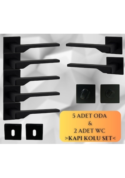 Stilo Siyah 5 Adet Oda 2 Adet Wc Kare Rozetli Kapı Kolu Set - Stılo Syh 5+2