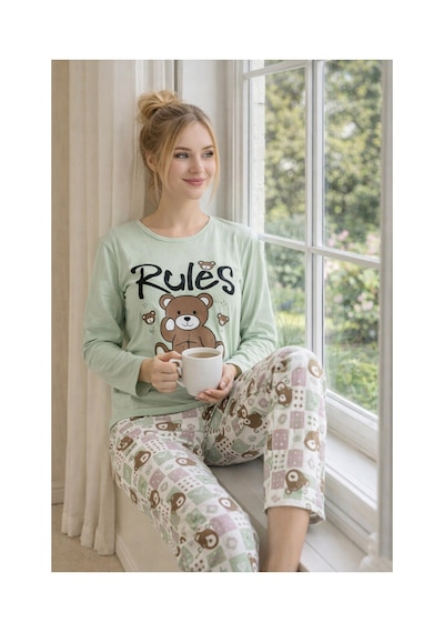 Rindahomewear Kadın Rules Ayıcık Baskılı Süprem Uzun Kol Pijama Takımı Haki