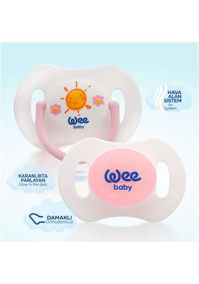 Wee Baby 2'li Gece Gündüz Damaklı Silikon Emzik 0-6 Ay (Saklama Kabı Hediyeli) Pembe