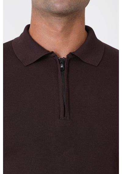Slim Fit Esnek Pamuklu Fermuarlı Polo Yaka Kahverengi Triko Tr 902