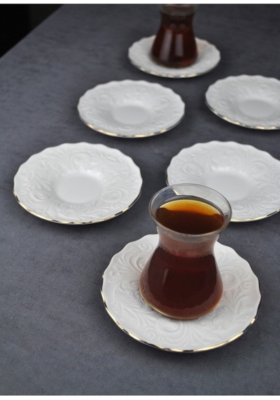 6 Kişilik Porselen Çay Tabağı Kabartma Desenli Yaldzlı 6 Adet Çay Tabak- Pera Gold