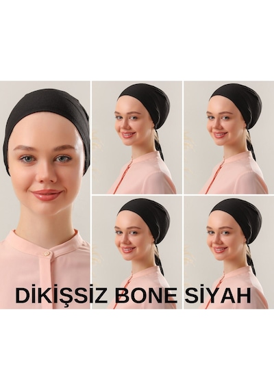 Melodi Scarf Kadın Tesettür Dikişsiz Set Bone Siyah 5 Adet Bağlamalı Penye Bone Siyah