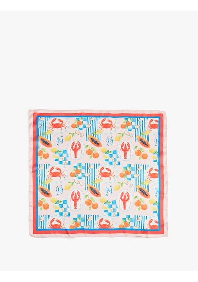 Koton Yaz Temalı Desenli Saten Kare Fular Bandana - Koton X Sibil Çetinkaya Pembe 6sak50140aa Gül