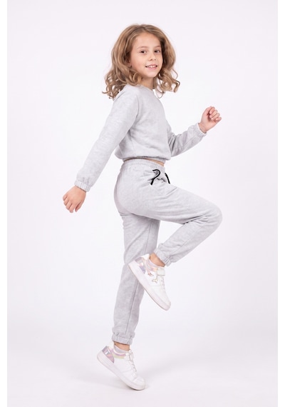 Fyk Kids Kız Çocuk Yuvarlak Yakalı Cep Biye Detaylı Düz Baskısız Paça Lastikli Alt Üst Eşofman Takımı Gri