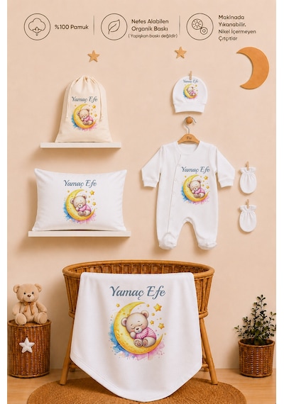Pia Baby İsme Özel %100 Pamuk Erkek Bebek Yastık Battaniyeli Tulum Set Kese Hediyeli 1109tybkyx Krem