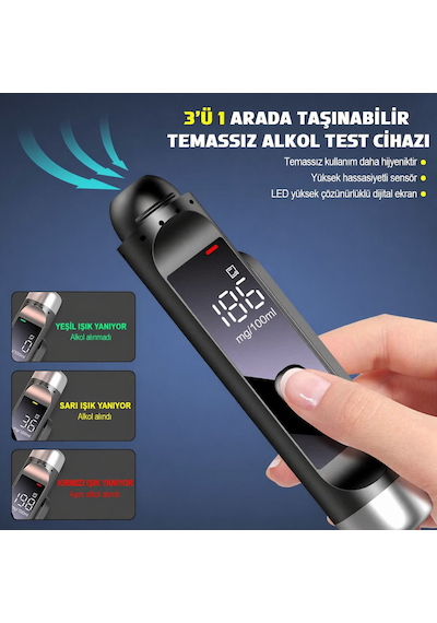 Techtic 3 Ü 1 Arada Alkolmetre Yüksek Hassasiyetli Sensör Acil Durum Güvenlik Çekici Numaratör