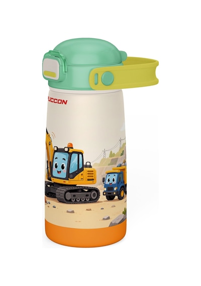 Puccon Erkek Çocuk Yeşil Sarı İş Makinesi Desenli 420 Ml Pipetli Çelik Matara Termos Sızdırma Yapmaz 60040 Çok Renkli