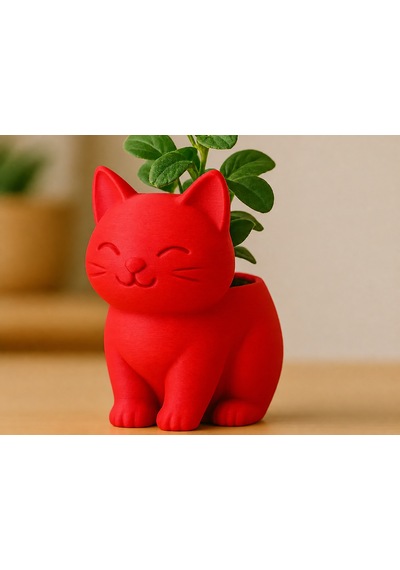 3d Baskı Sevimli Kedi Saksı - Figürlü Sukulent Saksısı-kırmızı