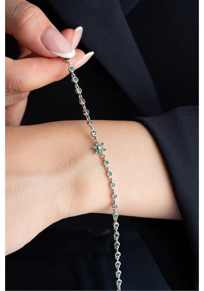 Çekirdekjewelry 925 Ayar Gümüş Yeşil Taşlı Lotus Bileklik Gri