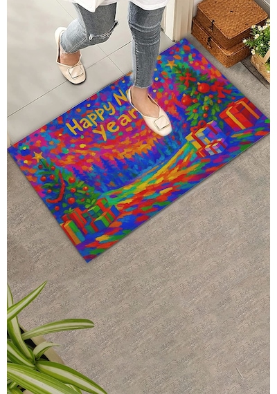 Valerine Life Happy New Year Mutlu Yıllar Welcome Hoş Geldiniz Kapı Önü Paspası 45x70cm Kahverengi