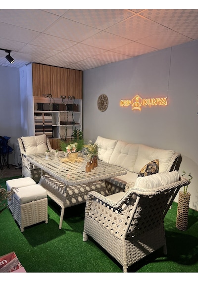 Depodunya Sercangarden Rattan Bahçe Balkon Teras Mobilyası Bahçe Takımı Oturma Grubu 7 Kişilik Bahçe Takımı Krem