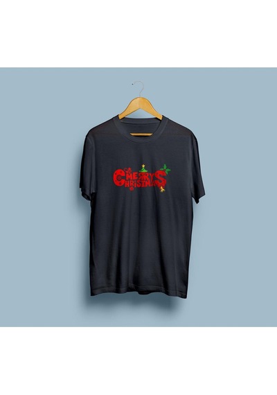 Oversize Merry Christmas Yazısı Tasarım Unisex T-shirt Siyah