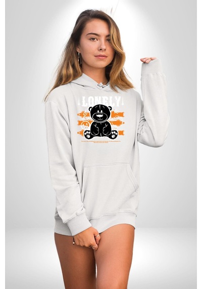 Yalnız Kadın Erkek Beyaz Kapüşonlu Sweatshirt Hoodie Beyaz