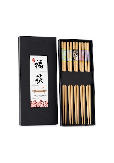 Valkyrie 5 Çift 24cm Bambu Desenli Yemek Çubuğu Seti Hediyelik Kutulu Japon Sushi Chopstick Ahşap