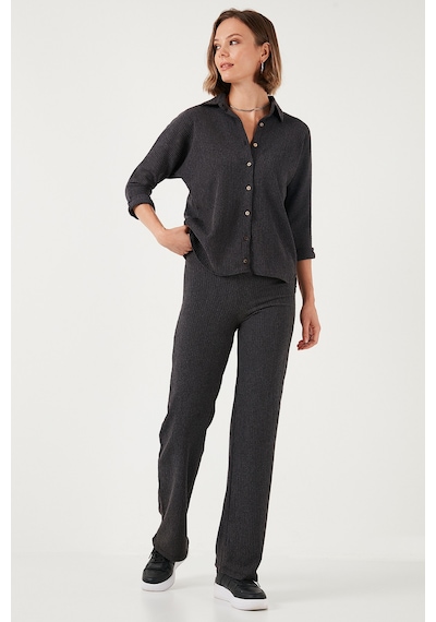 Lela Slim Fit Yüksek Bel Geniş Paça Dokulu Bayan Pantolon 5865944 Antrasit
