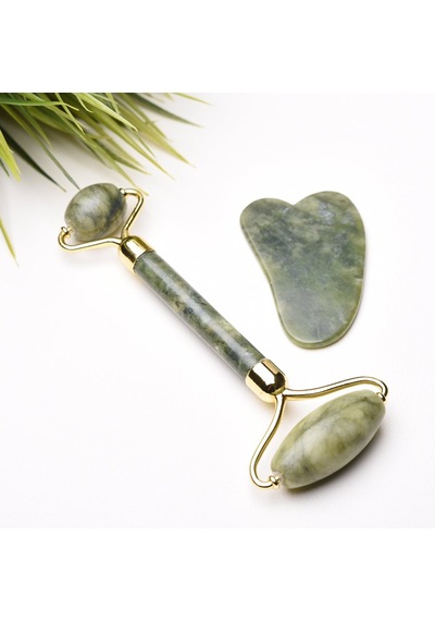 Yeşim Jade Roller ve Yeşim Kalp Gua Sha Masaj Taşı Premium Set