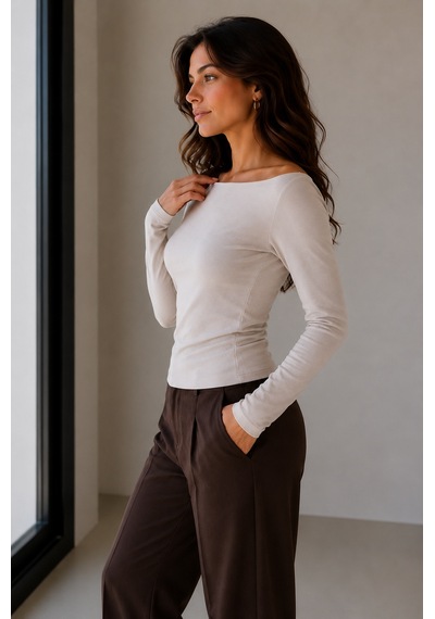 Sortie Collection Kayık Yaka Uzun Kollu Fit Bluz Taş