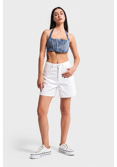 Itsbasic Kadın Beyaz Renk Diana Mom Fit Denim Şort