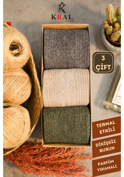 Kral Socks Erkek Koyun Yünlü Lambswool Kışlık 3'lü Kutulu Dikişsiz Çorap Asorti2