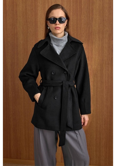 Olcay Apolet Detaylı Oversize Kısa Kaban Siyah 3149