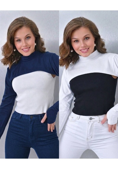 Aldaıyr Parmaklı Tesettür Boyunluk Yakalı Uzun Kollu Kolluklu Body Bluz Bolero Rahat Tasarım Beyaz - Lacivert