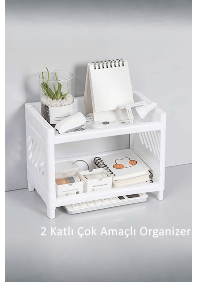 2 Adet 2 Katlı Beyaz Plastik Çok Amaçlı Makyaj Banyo Ofis Raf Organizeri Mıt1280 Beyaz