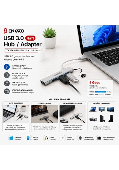 Enkado Ekd-uh60 Usb Çoğaltıcı Hub Adaptör 4ın1 Usb 3.0 Usb 2.0 Usb 3.0 Giriş 4 Anahtarlı Port