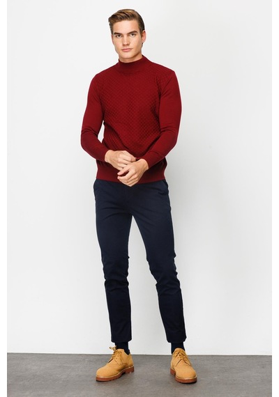 İgs Bordo Standart Fit Dar Kalıp Yarım Balıkçı Düz Uzun Kollu Triko-9971 Bordo