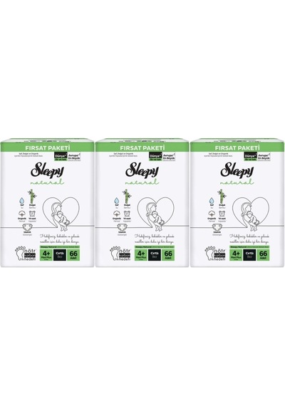 Sleepy Bebek Bezi Naturel Beden 4+ 9-16kg Maxi Plus 198 Adet 3'lü