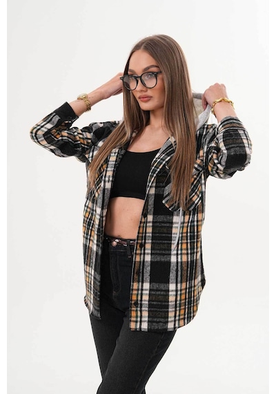 Polologin Butik Kadın Siyah Beyaz Sarı Çizgili Kapşonlu Gömlek Siyah