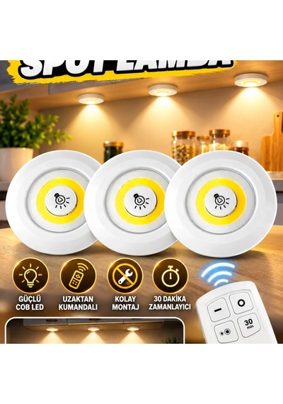 Uzaktan Kumandalı 3'lü Cob Led Spot Lamba Seti Dolap Ve Mutfak Rafı Işığı Diğer