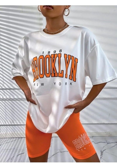 Flood Of Style Kadın Turuncu Baskılı 1898 Brooklyn New York Beyaz Oversize Bisiklet Yaka T-shirt
