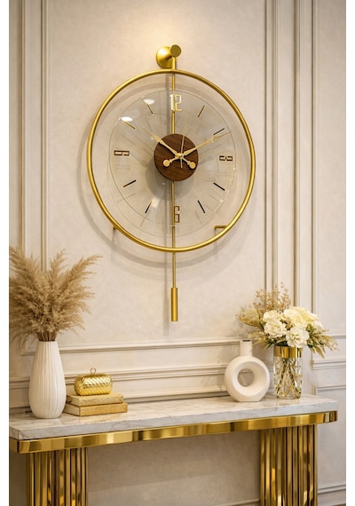 Metaquartz Aksesuar Masif - Luxry Şefaf Tamperli Kırılmaz Cam - 50 Çap - Quartz Mekanizma - Metal Duvar Saati Gold