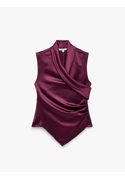 Koton Asimetrik Kolsuz Kruvaze Yaka Büzgülü Saten Bluz Bordo 7wak60119uw