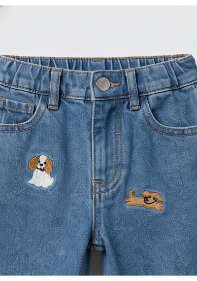 Magu Erkek Çocuk Pamuklu Mavi Kot Pantolon Köpek Nakışlı