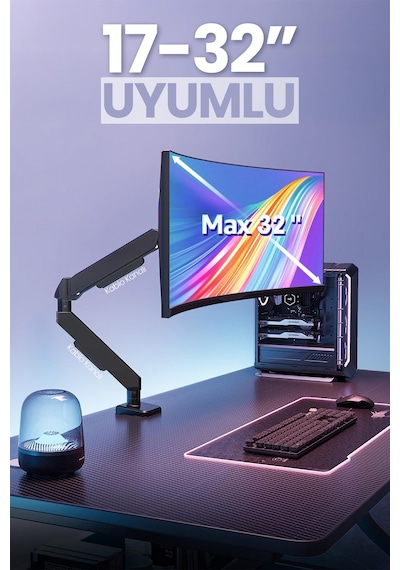 Tek Kollu Monitör Kolu Vesa Uyumlu Hareket Ayarlanabilir Monitör Standı 17-32" 9kg Kapasite Tutucu Tek Kollu Monitör Kolu Vesa Uyumlu Hareket Ayarlanabilir Monitör Standı 17-32" 9kg Kapasite Tutucu