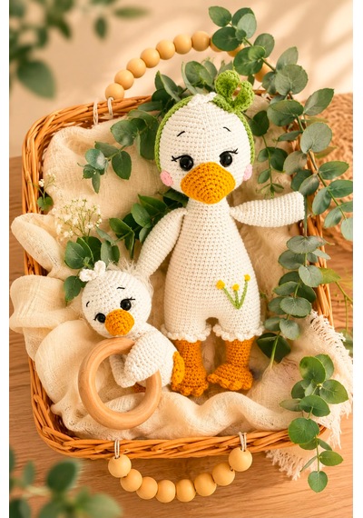 Amigurumi Organik Kaz Uyku Arkadaşı ve Çıngırak Seti El Yapımı