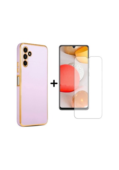 Samsung Galaxy A14 Uyumlu Kenarları Parlak Altın Renkli Kılıf Ve Temperli Cam Ekran Koruyucu